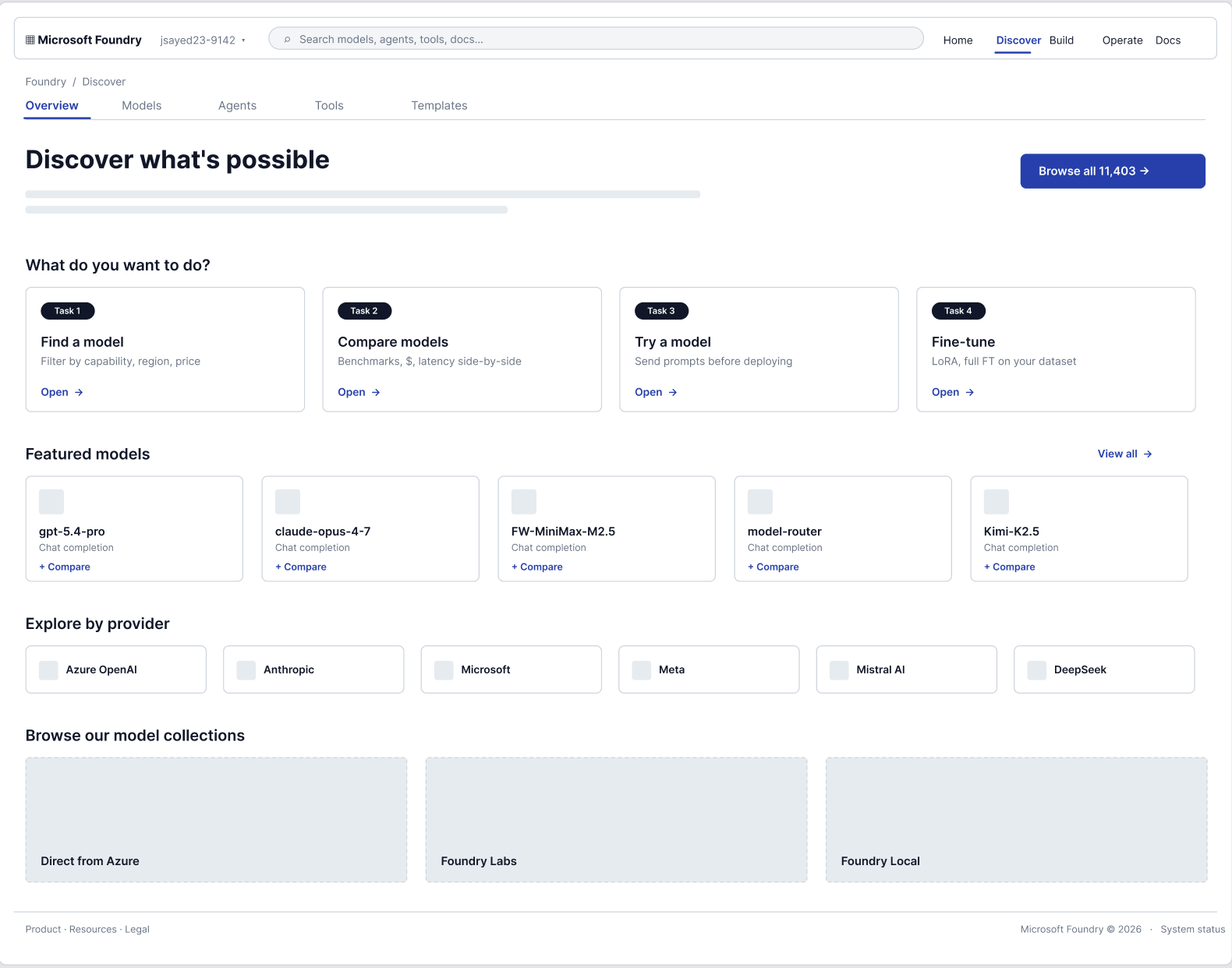 Foundry Discover page: four task cards (find, compare, try, fine-tune), featured models, providers, and model collections