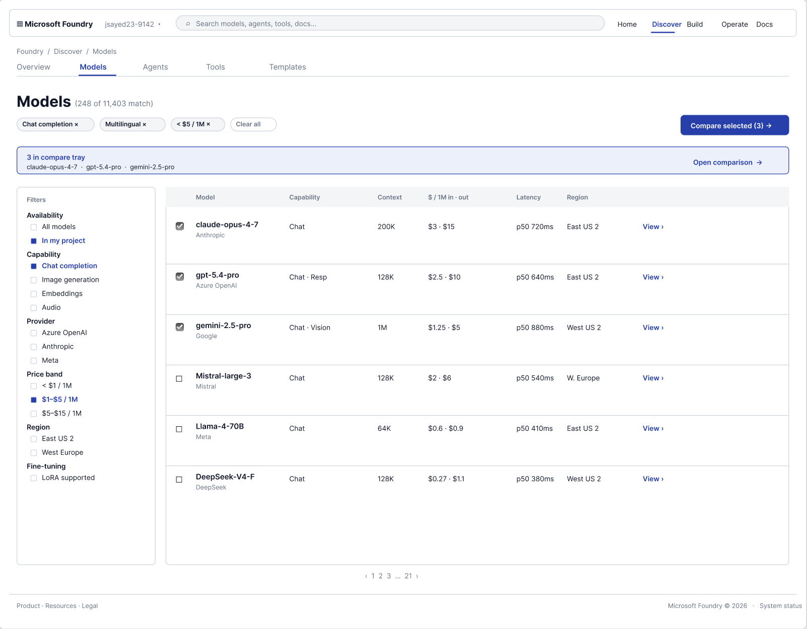 Foundry Models page: filter rail on the left, results table with region, pricing, and latency, and a compare tray holding three selected models