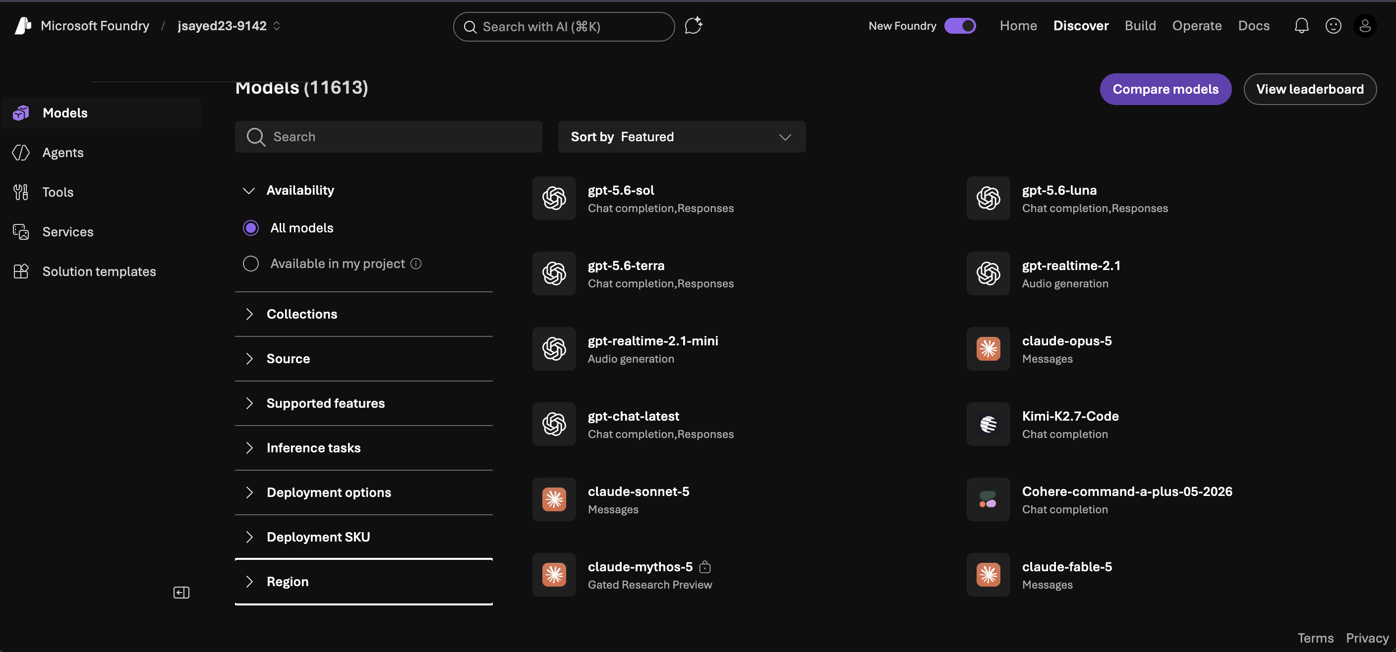 The shipped Models page: Region promoted into the filter rail as a first-class filter, in a cleaner, more scannable layout, with Compare models a click away