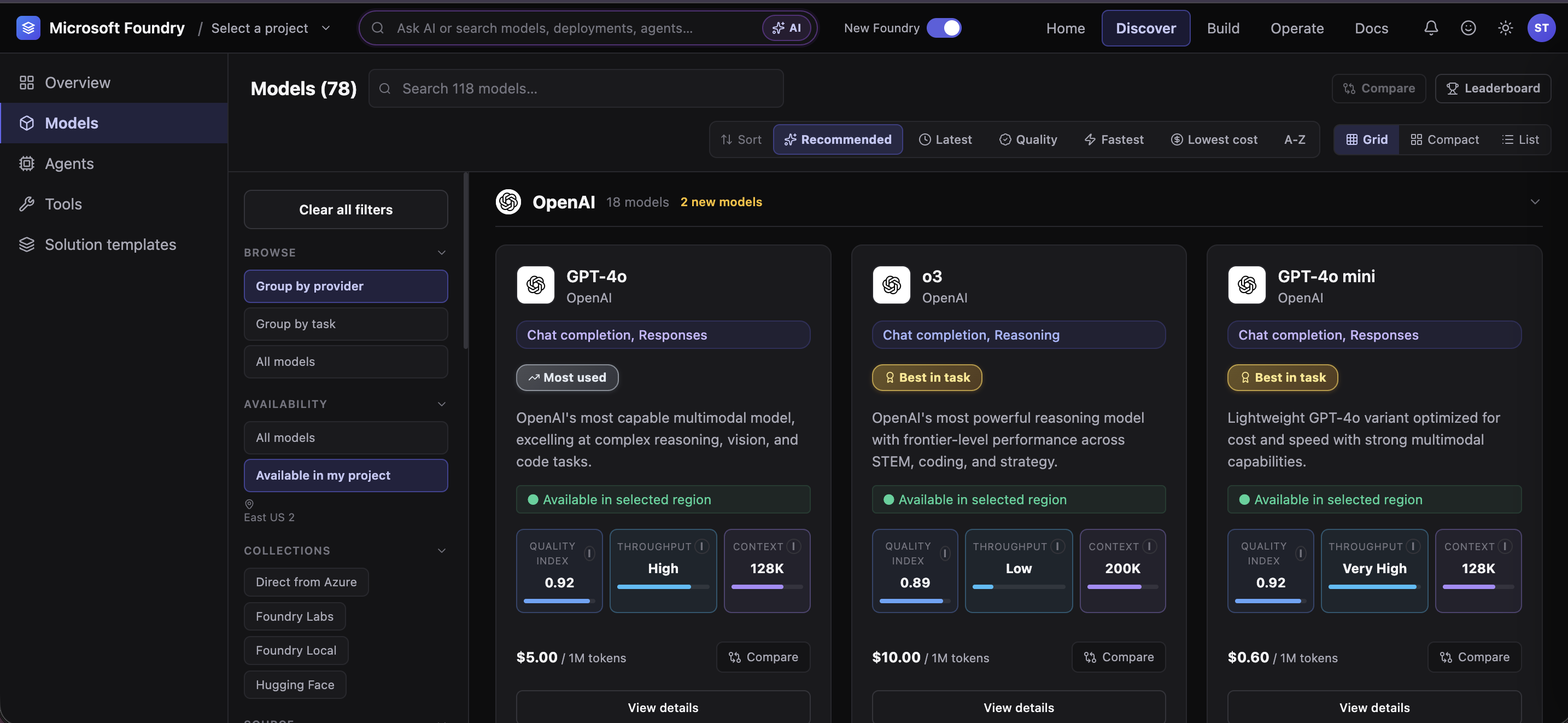 The redesigned Models page: models grouped by provider with region availability, pricing, and quality metrics on every card, plus an open filter rail and compare