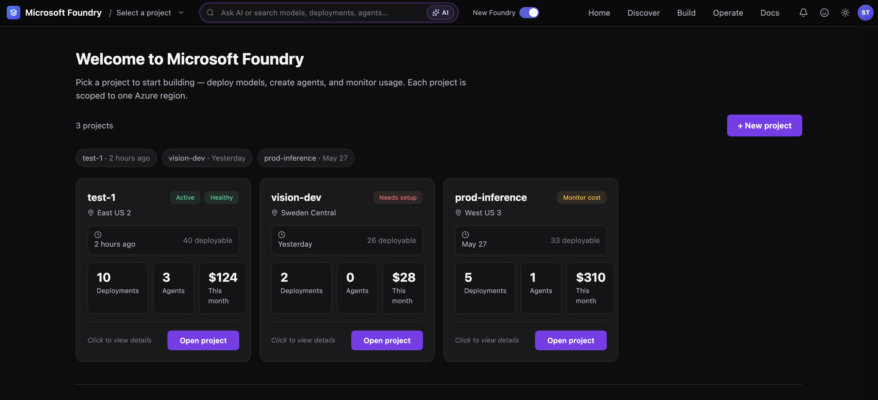 Microsoft Foundry redesign: the project home of the live high-fidelity prototype