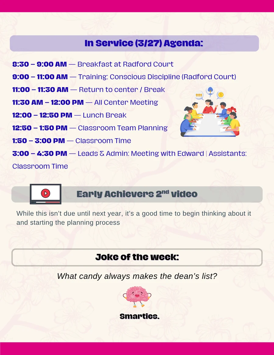 In-Service day agenda newsletter page
