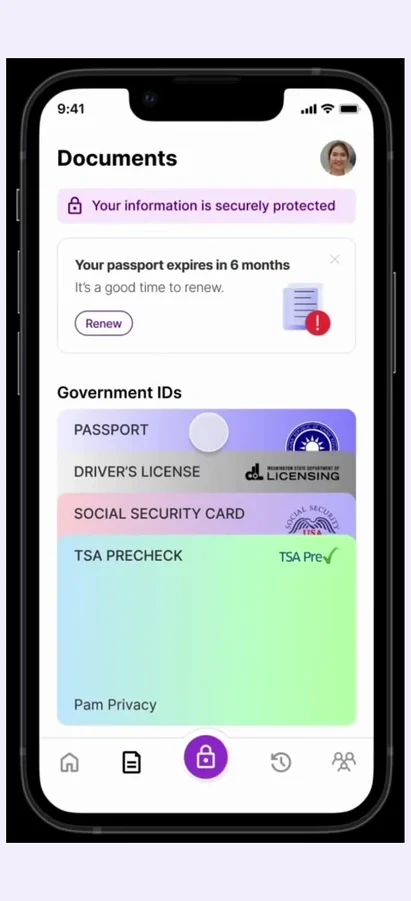 Nox+ document vault: passport, driver’s license, social security card and TSA PreCheck, with a passport expiry notice