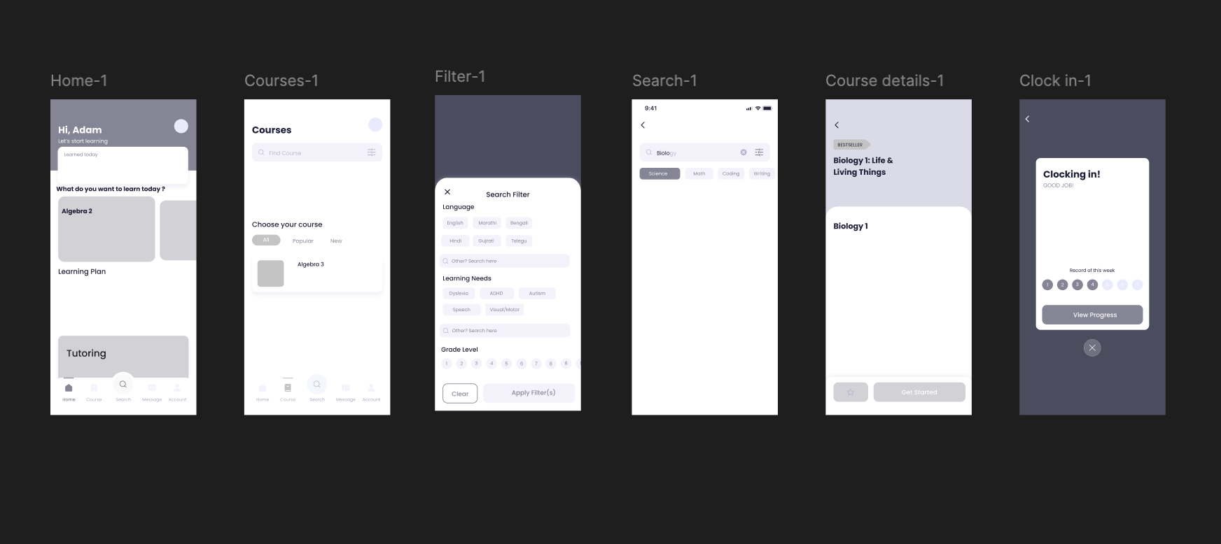 Low-fidelity wireframes showing early layout explorations for the Saksham app